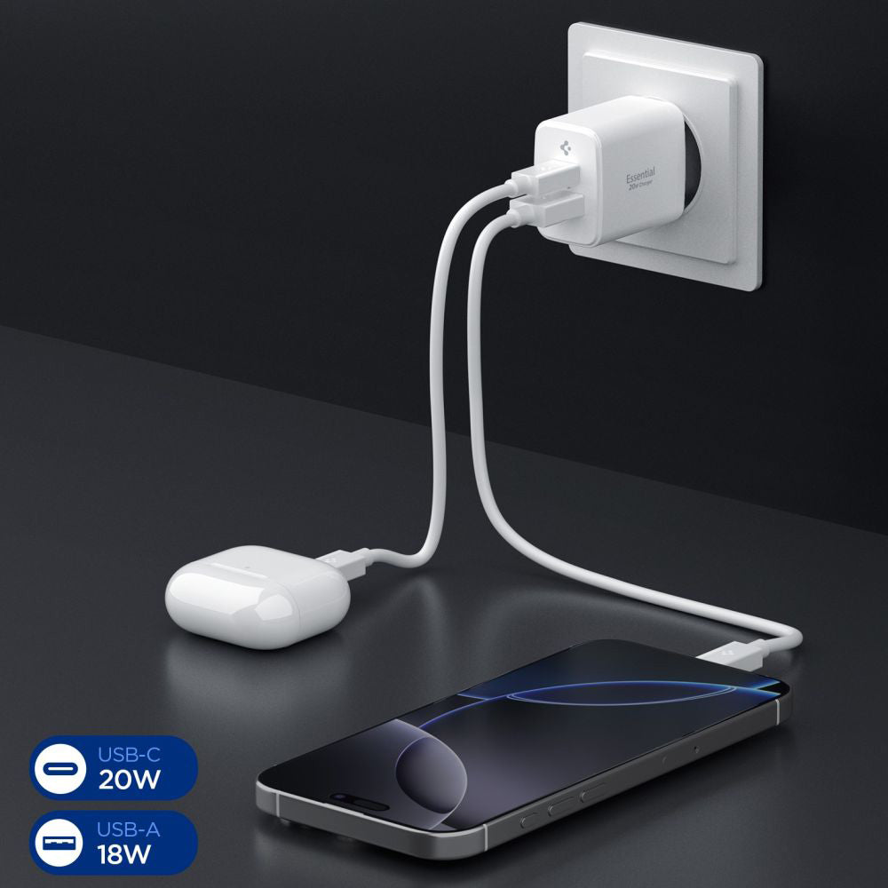Carregador de Rede Spigen Essential, 20W, 3A, 1 x USB-A - 1 x USB-C, Branco