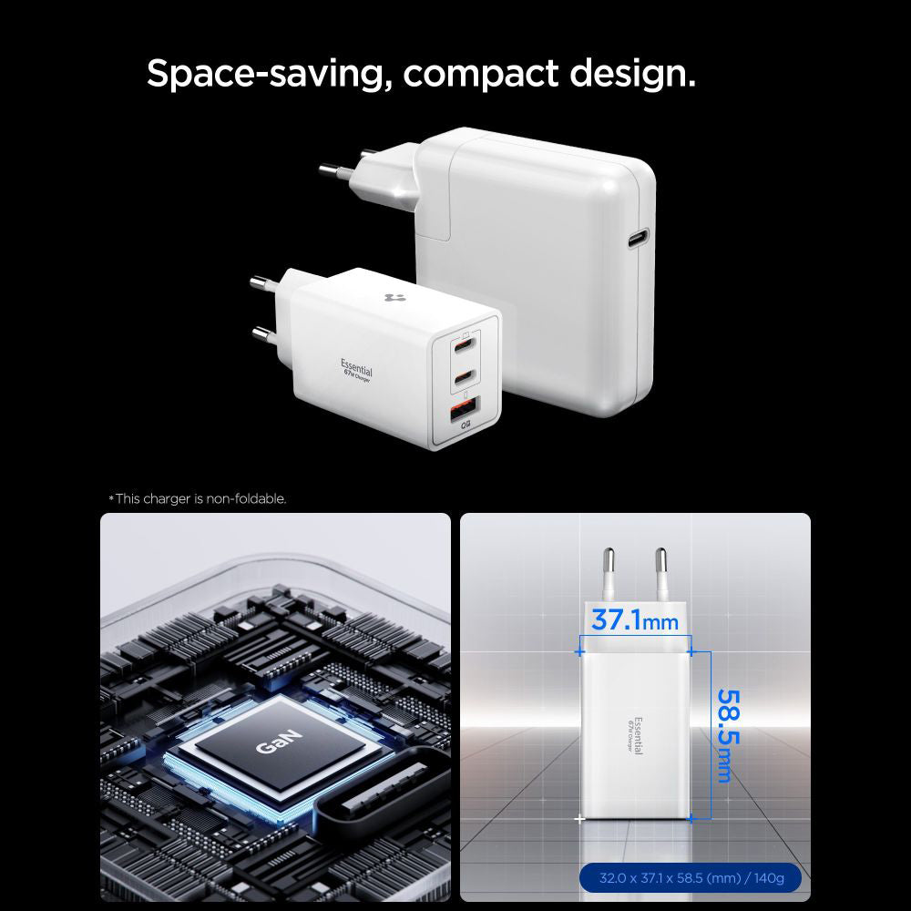 Carregador de Rede Spigen Essential, 67W, 3.25A, 1 x USB-A - 2 x USB-C, Branco ACH08710