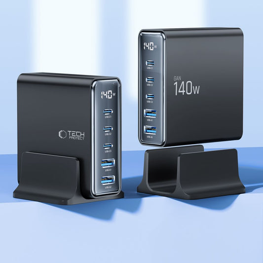Carregador de rede Tech-Protect DC140W DC140W, 140W, 3A, 2 x USB-A - 3 x USB-C, preto