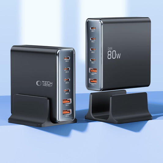 Carregador de rede Tech-Protect DC80W, 80W, 3A, 2 x USB-A - 4 x USB-C, preto