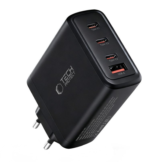 Carregador de Rede Tech-Protect NC120W-GAN, 120W, 5A, 1 x USB-A - 3 x USB-C, Preto