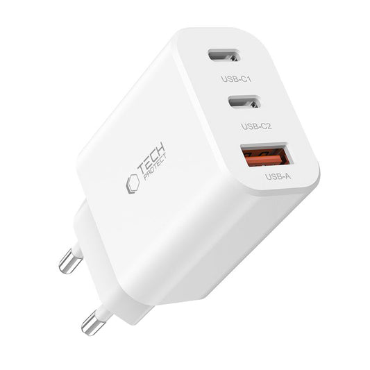 Carregador de rede Tech-Protect NC30W, 30W, 3A, 1 x USB-A - 2 x USB-C, branco