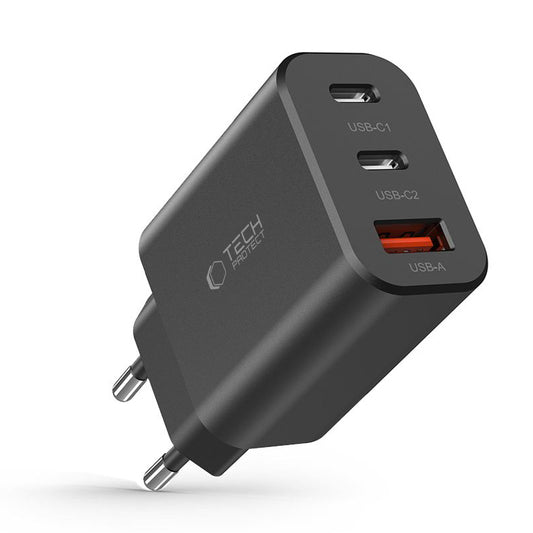 Carregador de rede Tech-Protect NC30W, 30W, 3A, 1 x USB-A - 2 x USB-C, preto