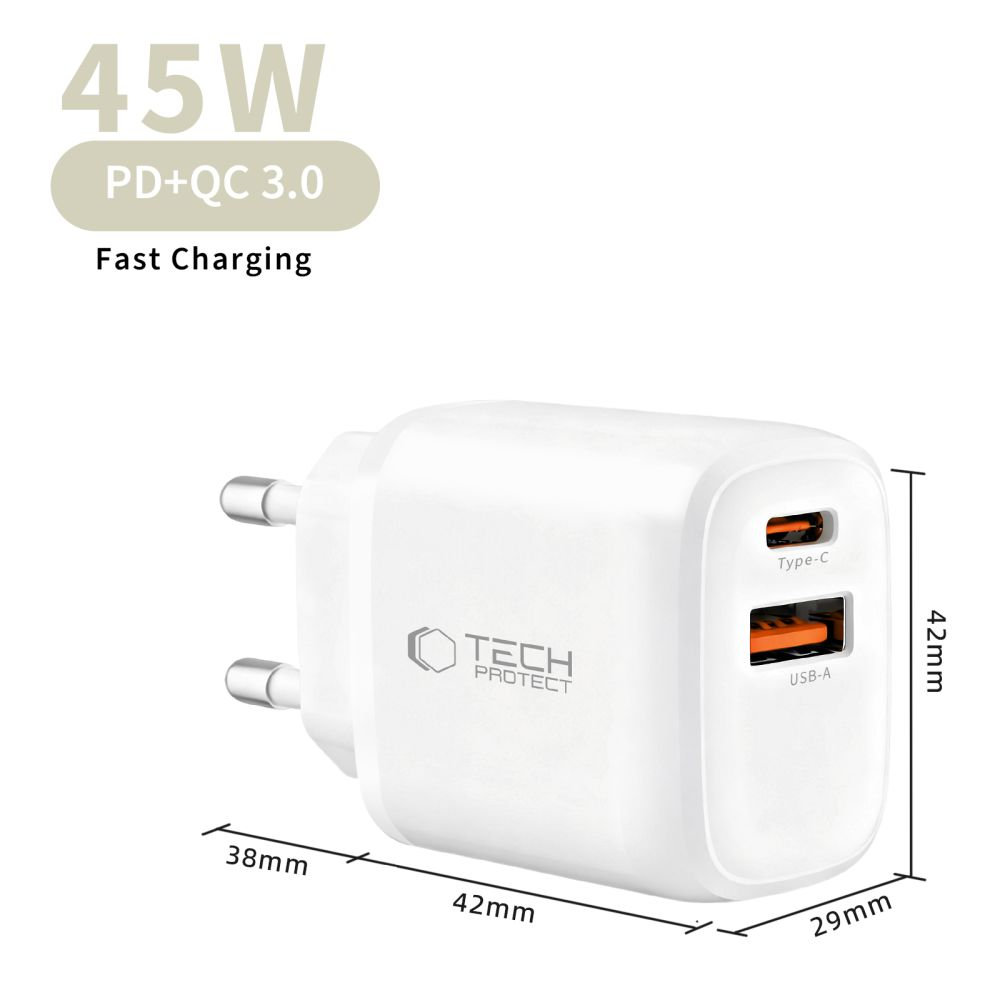 Carregador de Rede Tech-Protect NCA45W, 45W, 3A, 1 x USB-A - 1 x USB-C, Branco