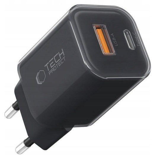 Carregador de Rede Tech-Protect NCM33W, 33W, 3A, 1 x USB-A - 1 x USB-C, Preto