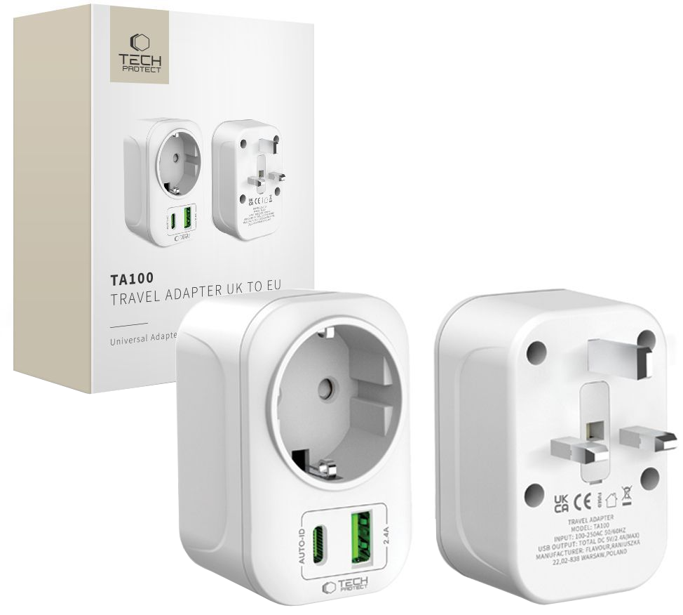 Carregador de Rede Tech-Protect TA100 Travel UK, 20W, 3A, 1 x Schuko - 1 x USB-A - 1 x USB-C, Branco