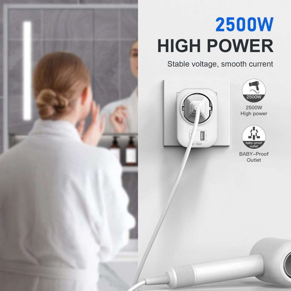 Carregador de Rede Tech-Protect TA100 Travel UK, 20W, 3A, 1 x Schuko - 1 x USB-A - 1 x USB-C, Branco