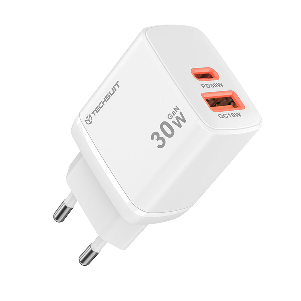 Carregador de Rede Techsuit CH1 Duonix, 30W, 3A, 1 x USB-A - 1 x USB-C, Branco