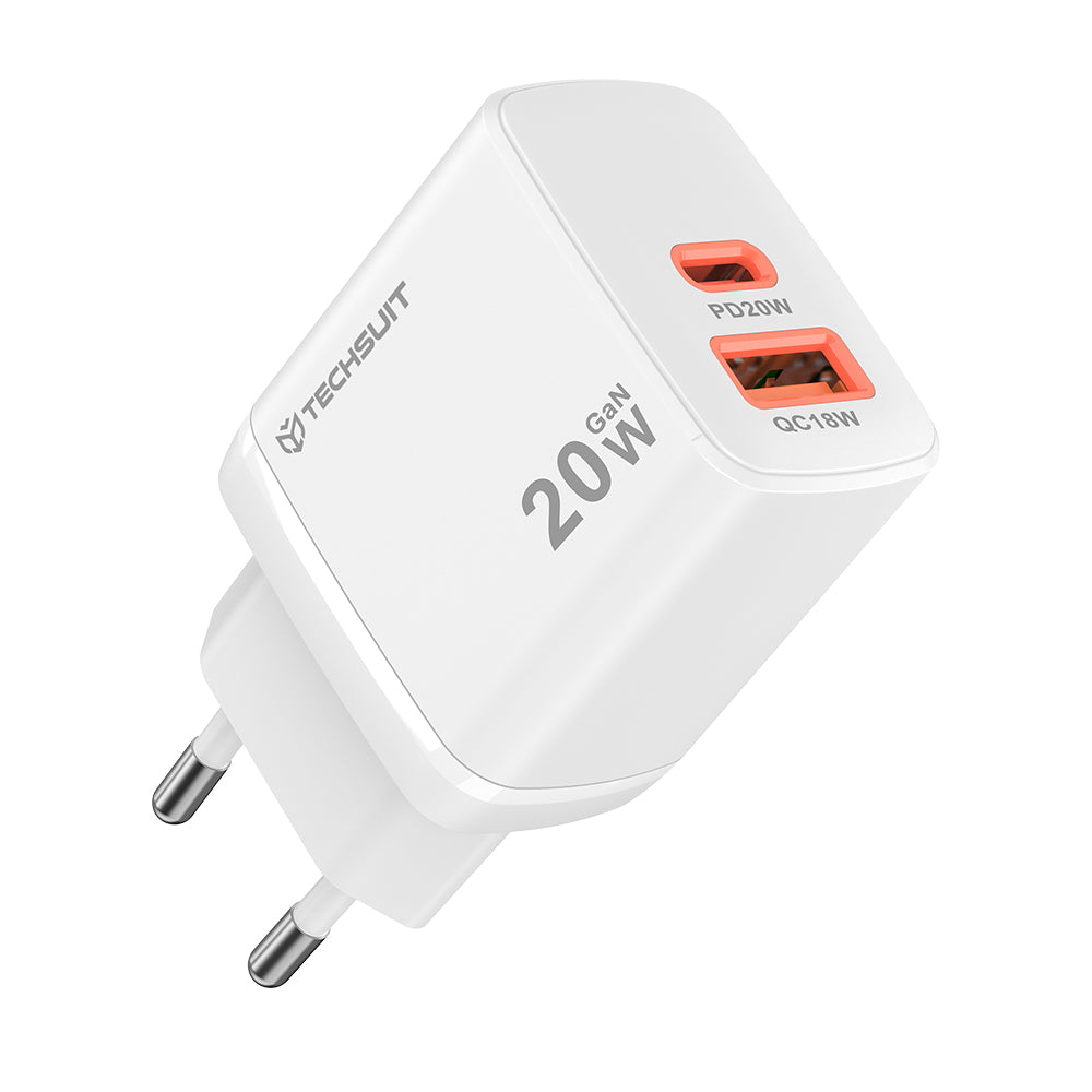 Carregador de Rede Techsuit CH2 Duonix, 20W, 3A, 1 x USB-A - 1 x USB-C, Branco