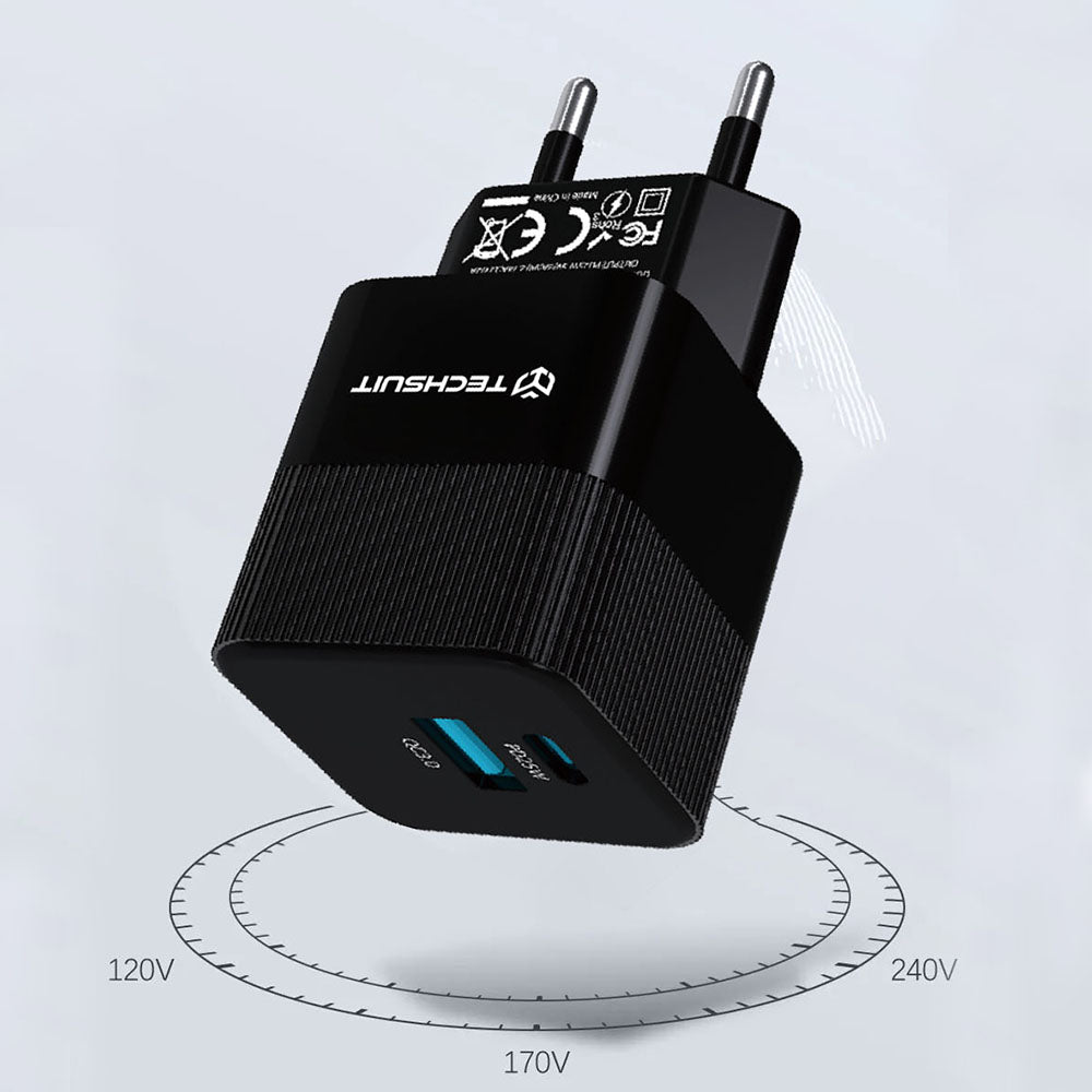 Carregador de Rede Techsuit CHPD216 Tiny, 25W, 3A, 1 x USB-A - 1 x USB-C, Preto