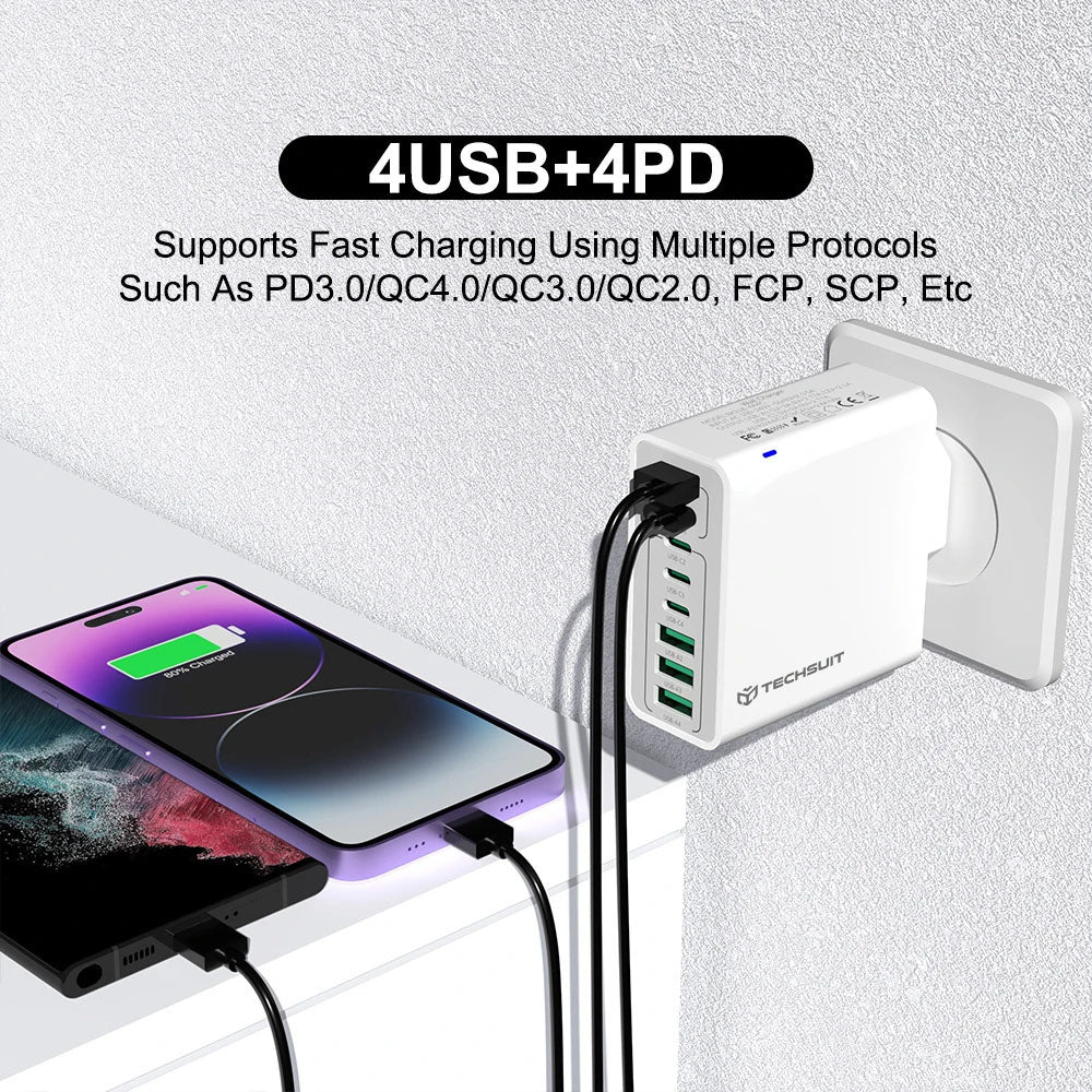 Carregador de Rede Techsuit CHPD224, 65W, 3.25A, 4 x USB-A - 4 x USB-C, Branco