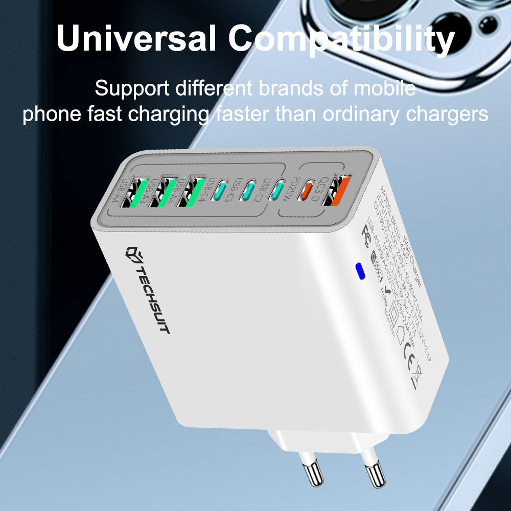Carregador de Rede Techsuit CHPD224, 65W, 3.25A, 4 x USB-A - 4 x USB-C, Branco