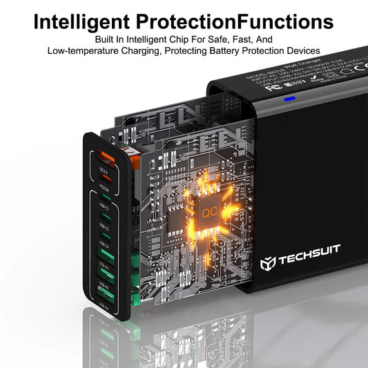 Carregador de Rede Techsuit CHPD224, 65W, 3.25A, 4 x USB-A - 4 x USB-C, Preto