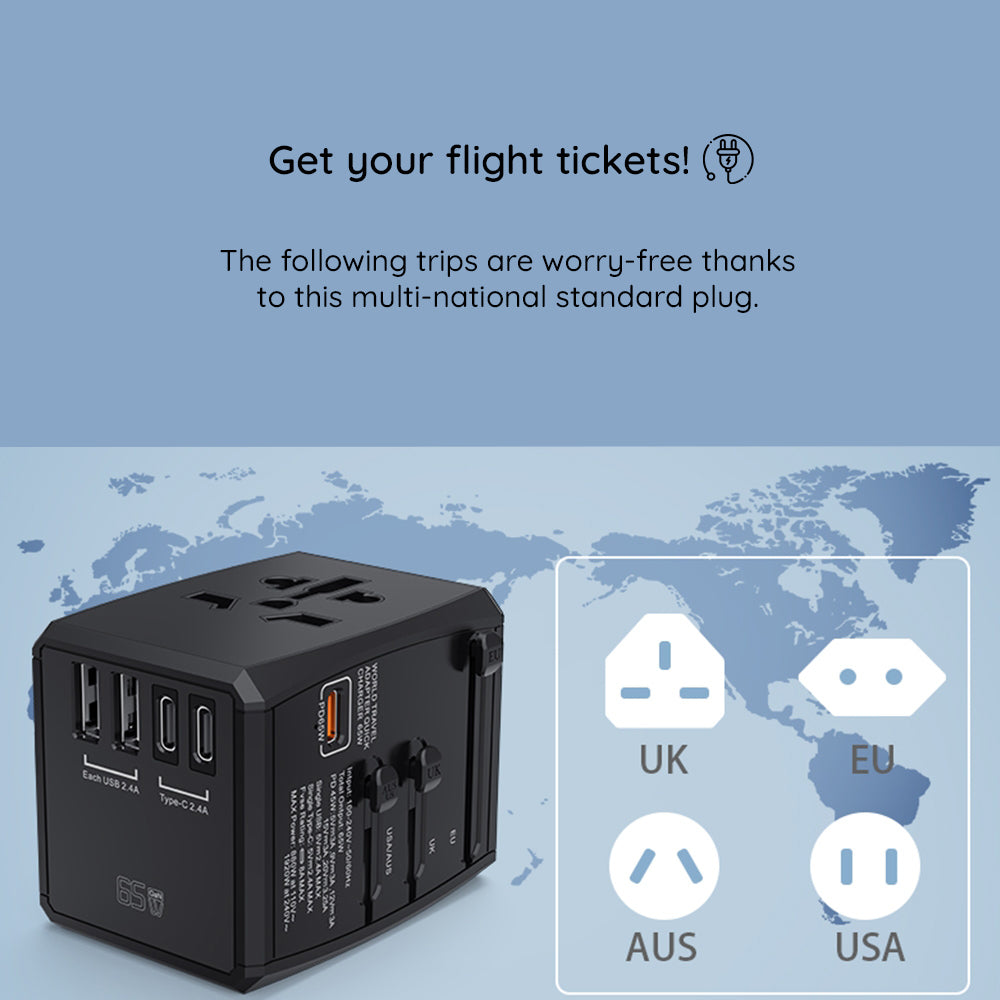 Techsuit HHT906 Travel Network Charger, 65W, 3.25A, 2 x USB-A - 2 x USB-C, Black