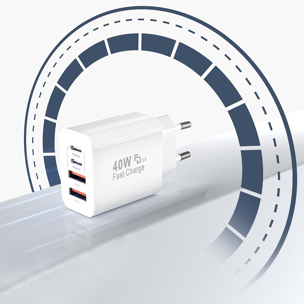 Carregador de Rede Techsuit PowerXQuad CH4, 40W, 3A, 2 x USB-A - 2 x USB-C, Branco