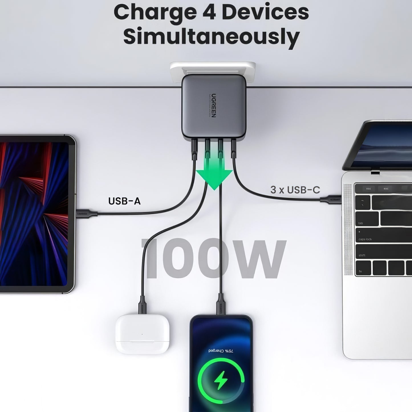 Carregador de rede UGREEN CD226, 100W, 3A, 1 x USB-A - 3 x USB-C, preto