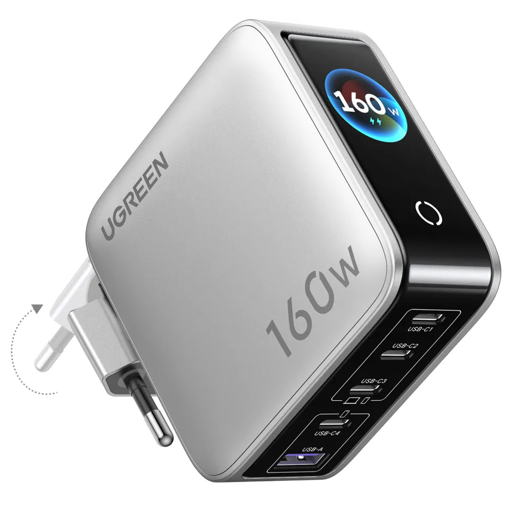 Carregador de rede UGREEN Nexode Pro X774 (65637B) com ecrã, 160 W, 5 A, 1 x USB-A - 4 x USB-C, Cinzento