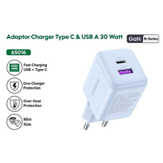 Carregador de Rede UGREEN X516, 30W, 3A, 1 x USB-A - 1 x USB-C, Preto