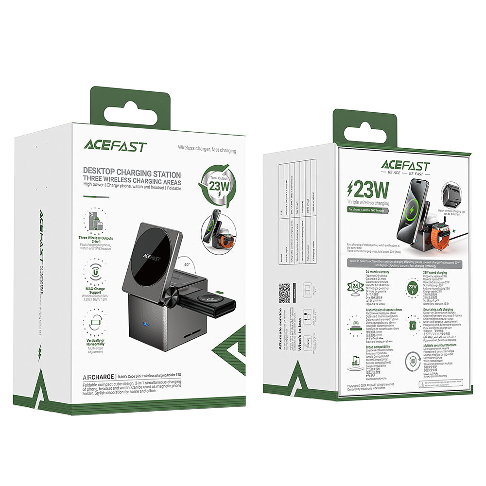 Carregador de Rede Sem Fios Acefast E18 Cubo de Rubik 3em1, 23W, 1.67A, Cinzento