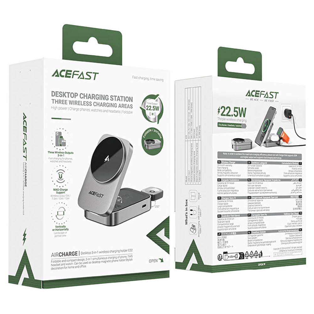 Carregador de Rede Sem Fios Acefast E22 3em1, 22.5W, 1.67A, Cinzento