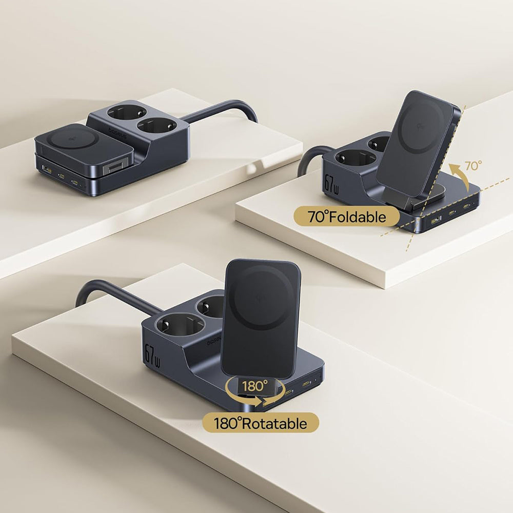 Carregador Estação Baseus Nomos ND11 QI 6in1, 67W, 3.35A, 1 x USB-A - 2 x USB-C - 2 x Schuko, Preto P80015804213-00