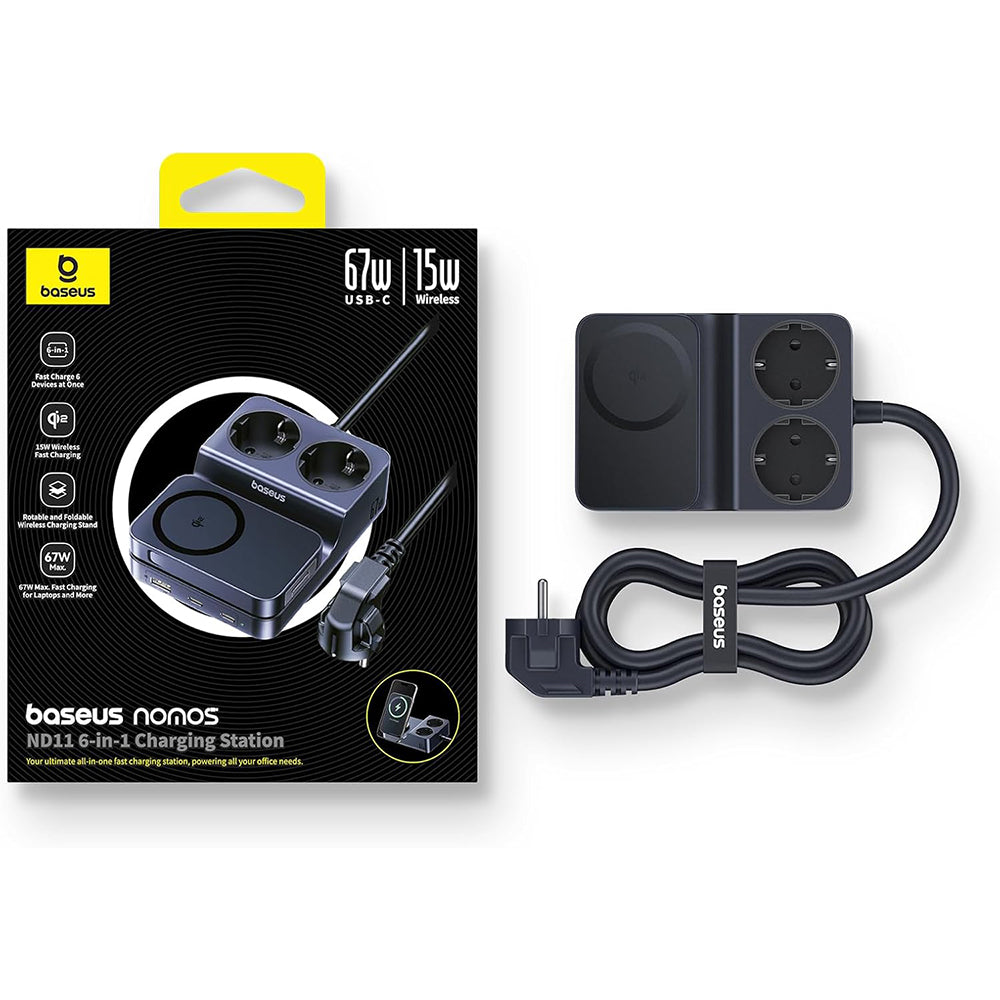 Carregador Estação Baseus Nomos ND11 QI 6in1, 67W, 3.35A, 1 x USB-A - 2 x USB-C - 2 x Schuko, Preto P80015804213-00