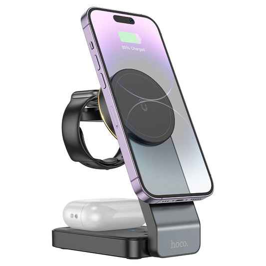 Carregador de Rede Sem Fios HOCO CQ3 3em1, 15W, 1.67A, Preto