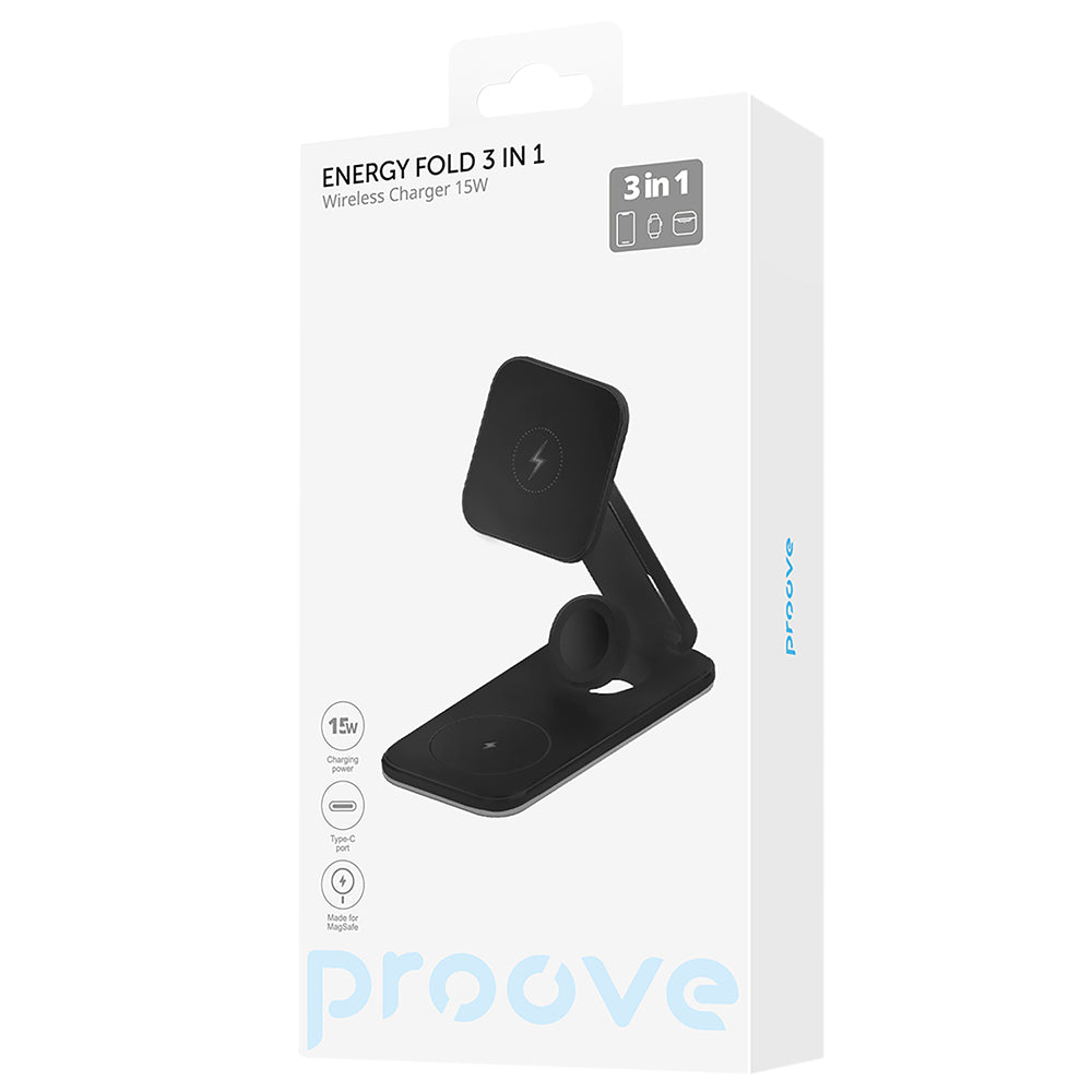 Carregador de Rede Sem Fios Proove Energy Fold 3in1, 15W, 1.67A, Preto WSEF15010001