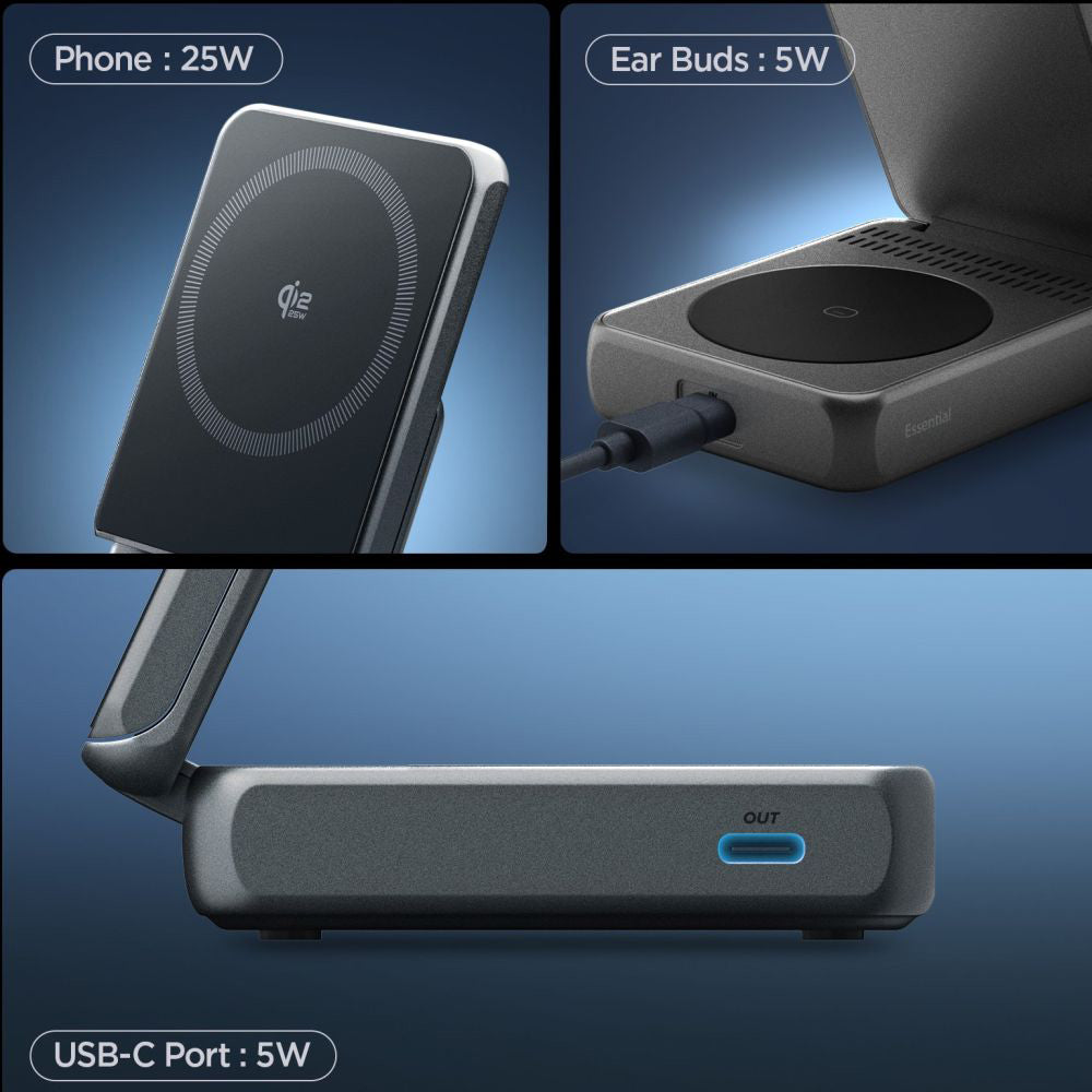 Carregador de Rede Sem Fios Spigen EF302MOQ 3in1, 25W, 1 x USB-C, Cinzento