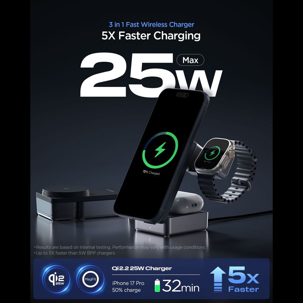 Carregador de Rede Sem Fios Spigen EF323MQ Essential 3in1, 25W, Preto ACH10398