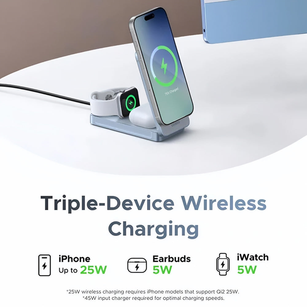 Carregador de Rede Wireless UGREEN W757 (65901) 3in1, 25W, Azul