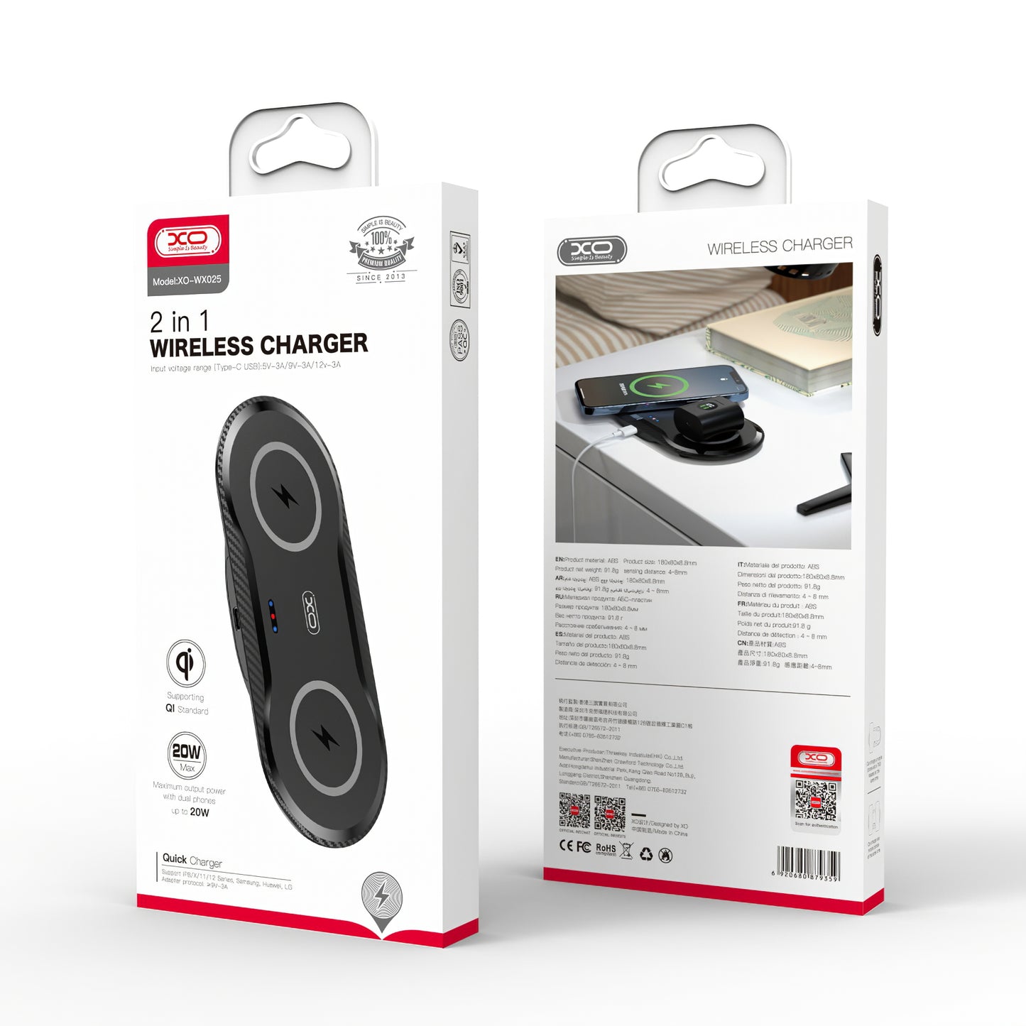 Carregador de rede sem fios XO Design WX026, 20W, 1.1A, preto