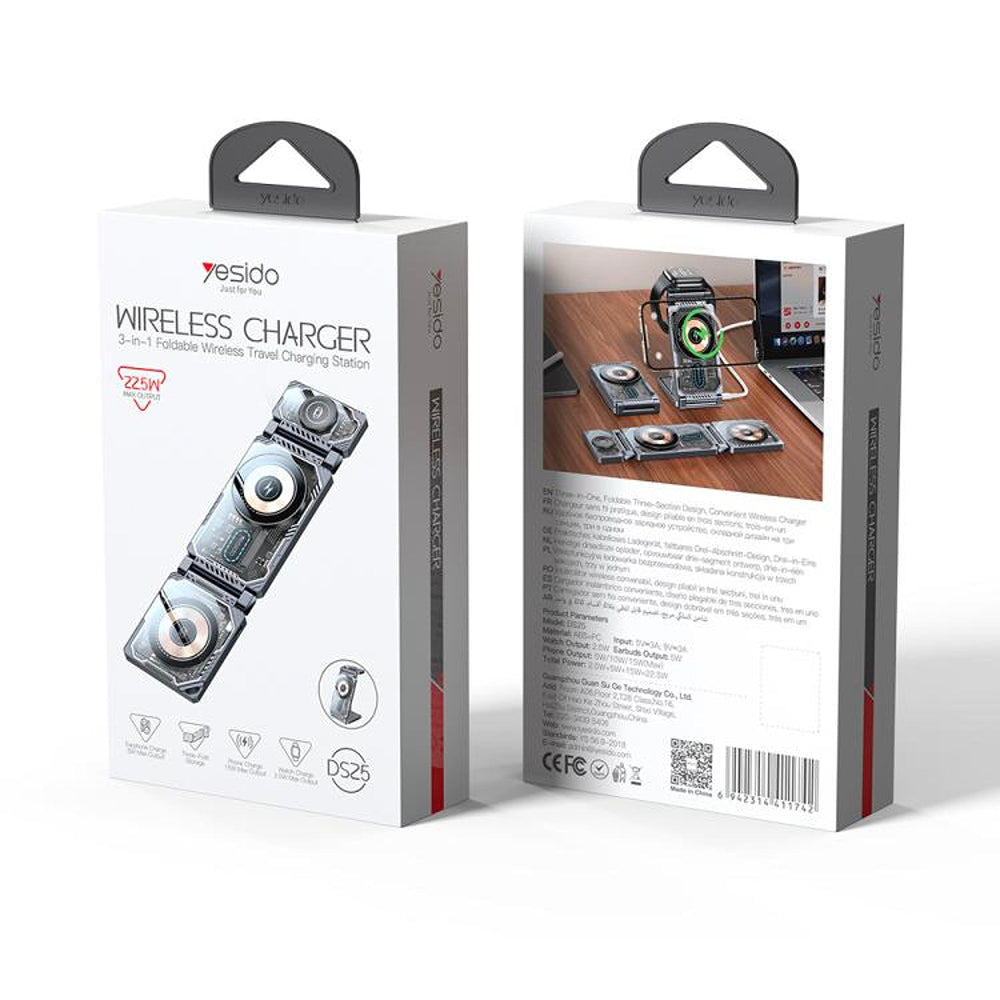 Carregador de Rede Sem Fios Yesido DS25 3em1, 15W, 1.67A, Preto