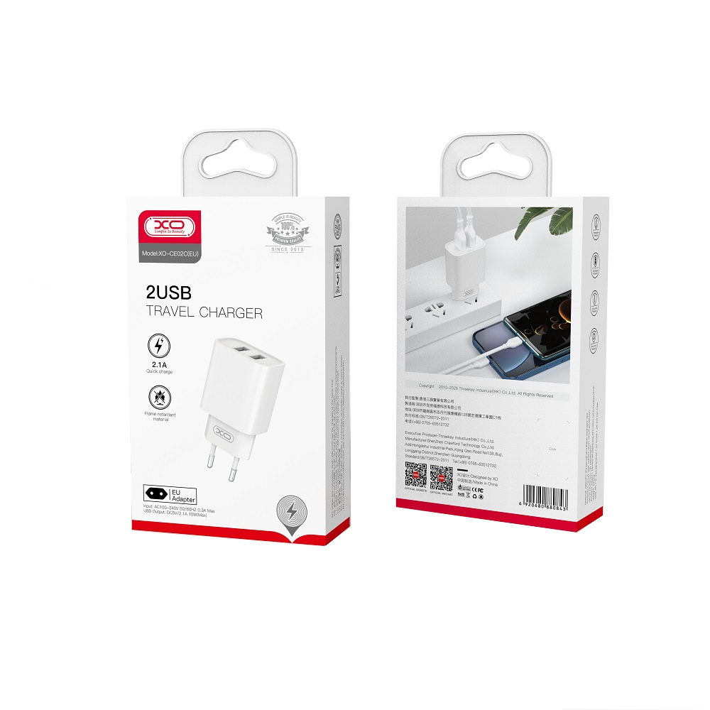 Carregador de Rede XO Design CE02C, 10.5W, 2.1A, 2 x USB-A, Branco