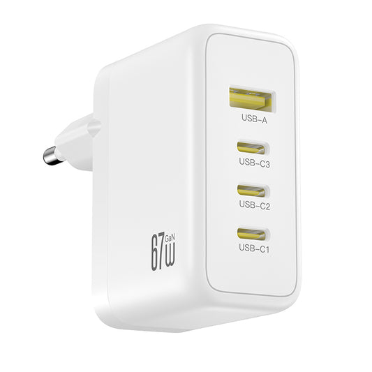 Carregador de Rede XO Design CE39, 67W, 3A, 1 x USB-A - 3 x USB-C, Branco