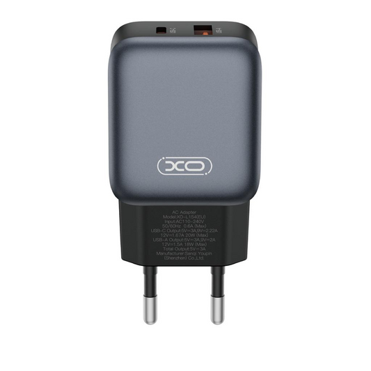 Carregador de Rede XO Design L154, 20W, 3A, 1 x USB-A - 1 x USB-C, Preto