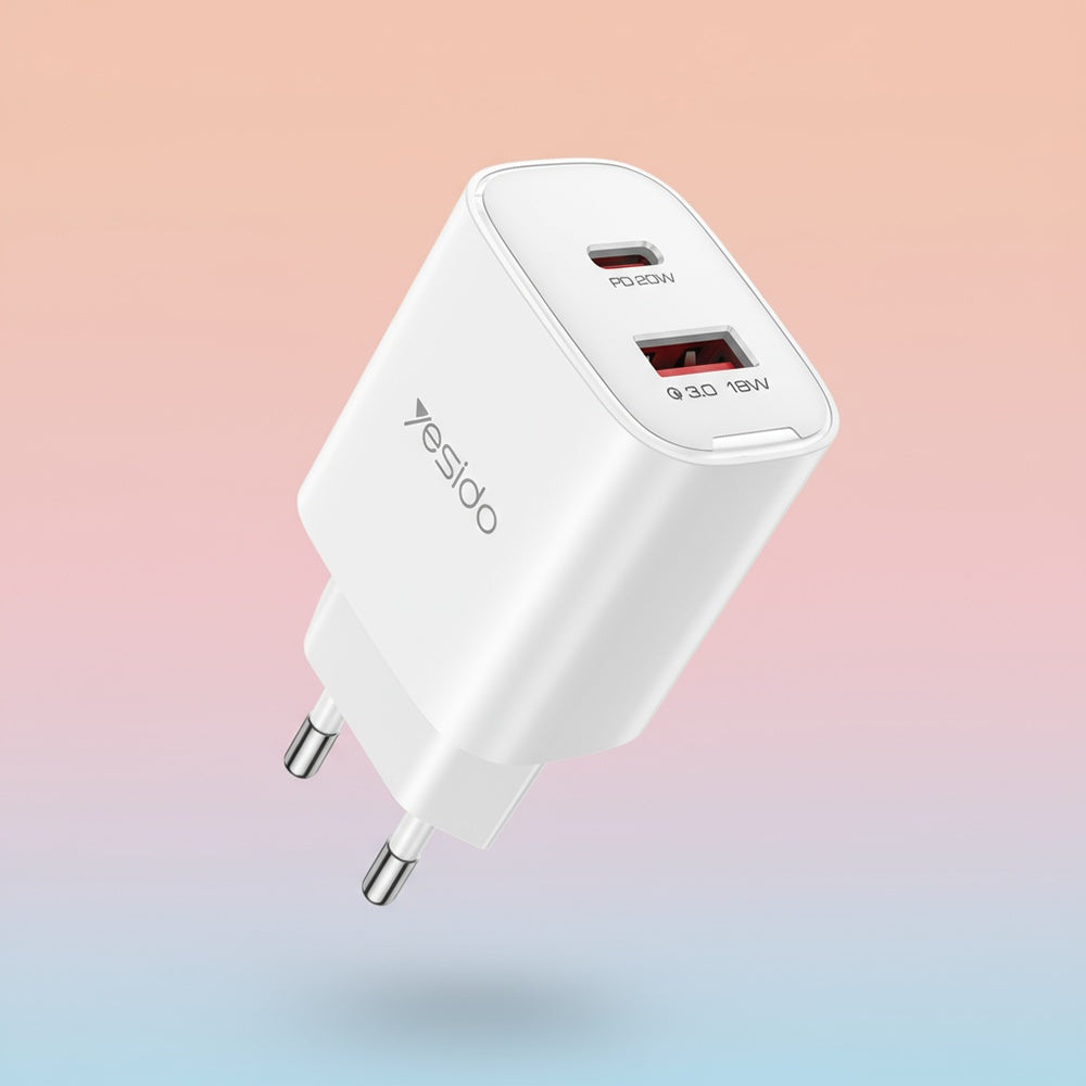 Carregador de Rede Yesido YC02E, 20W, 3A, 1 x USB-A - 1 x USB-C, Branco
