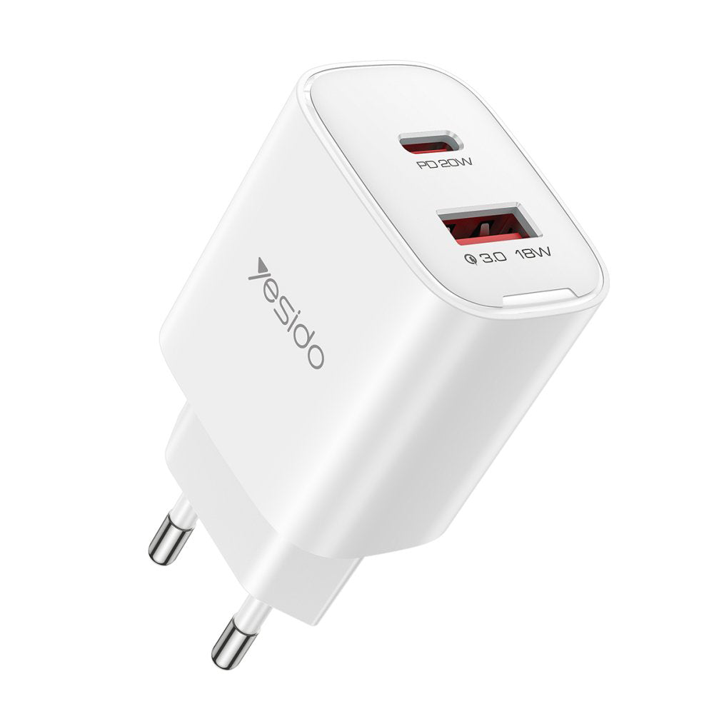 Carregador de Rede Yesido YC02E, 20W, 3A, 1 x USB-A - 1 x USB-C, Branco
