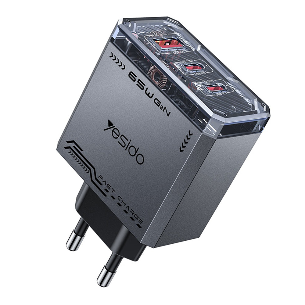 Carregador de Rede Yesido YC101, 65W, 3.25A, 1 x USB-A - 2 x USB-C, Preto