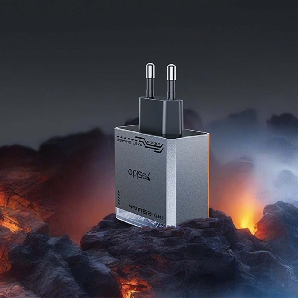 Carregador de Rede Yesido YC101, 65W, 3.25A, 1 x USB-A - 2 x USB-C, Preto