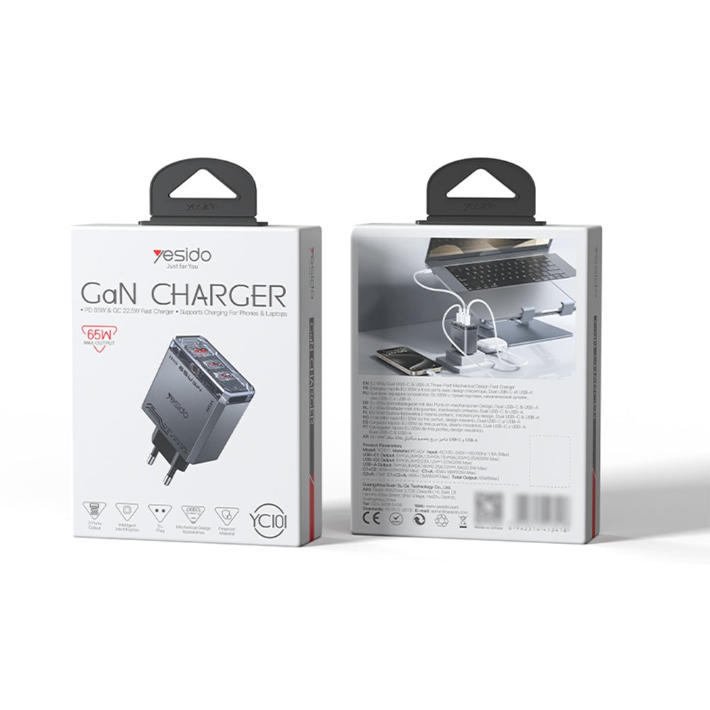 Carregador de Rede Yesido YC101, 65W, 3.25A, 1 x USB-A - 2 x USB-C, Preto