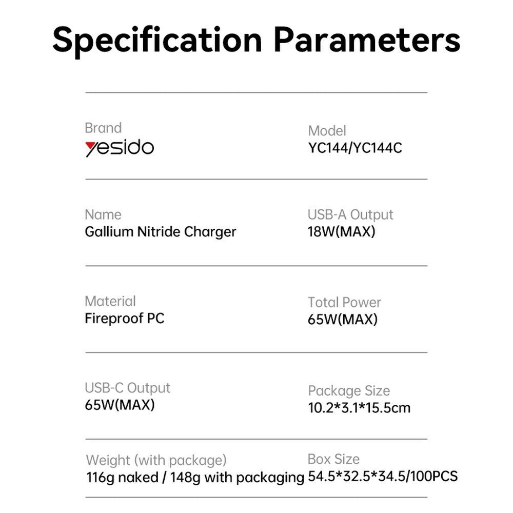 Carregador de Rede Yesido YC144, 65W, 3.25A, 1 x USB-A - 2 x USB-C, Preto