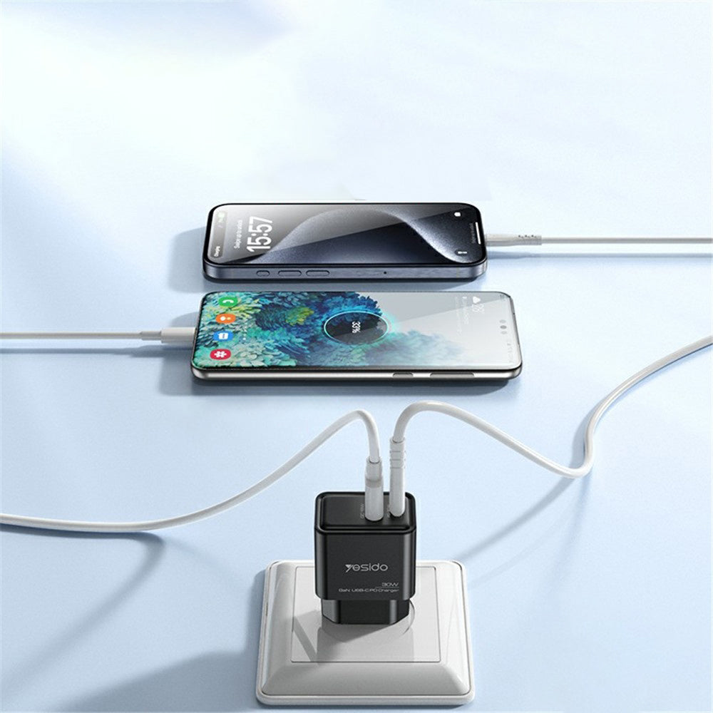 Carregador de Rede Yesido YC64, 30W, 3A, 1 x USB-A - 1 x USB-C, Preto
