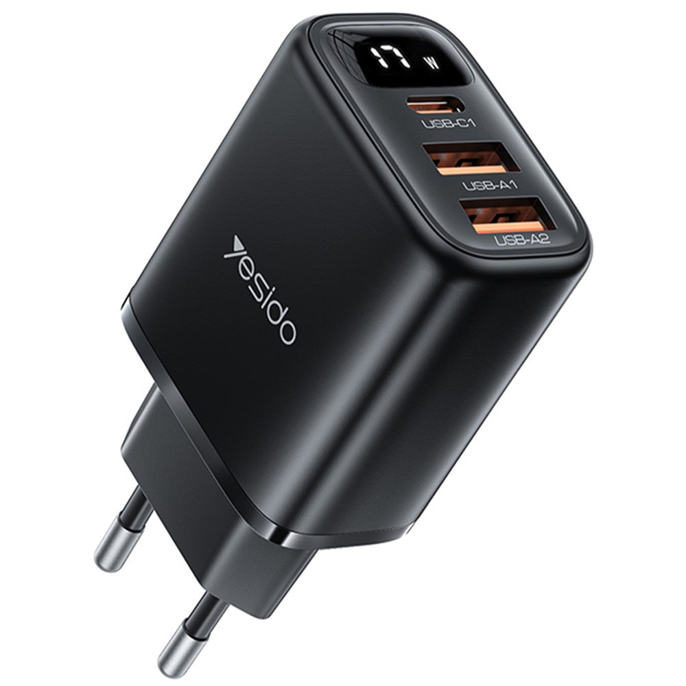 Yesido YC67 Network Charger Display, 17W, 2.4A, 1 x USB-C - 2 x USB-A, Black