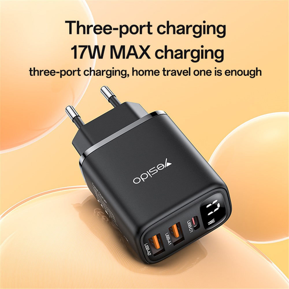 Yesido YC67 Network Charger Display, 17W, 2.4A, 1 x USB-C - 2 x USB-A, Black