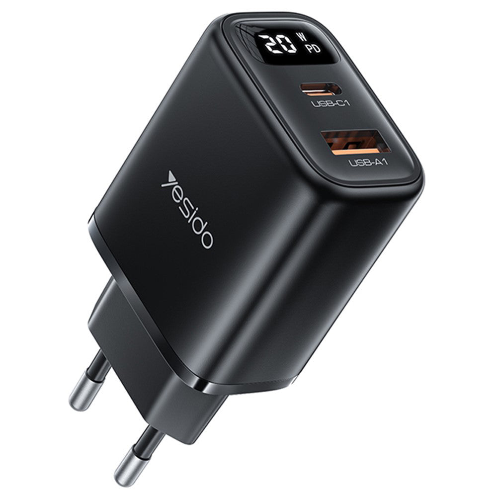 Carregador de Rede Yesido YC68, Display 20W, 3A, 1 x USB-A - 1 x USB-C, Preto