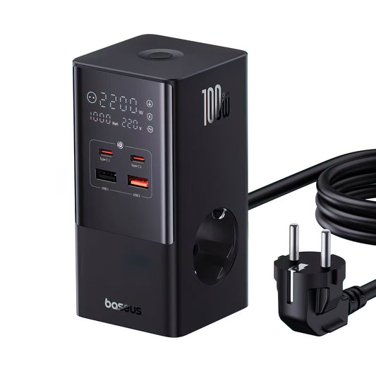 Carregador Estação Baseus PowerCombo Tower, 100W, 5A, 2 x Schuko - 2 x USB-A - 2 x USB-C, Preto E00023609113-00