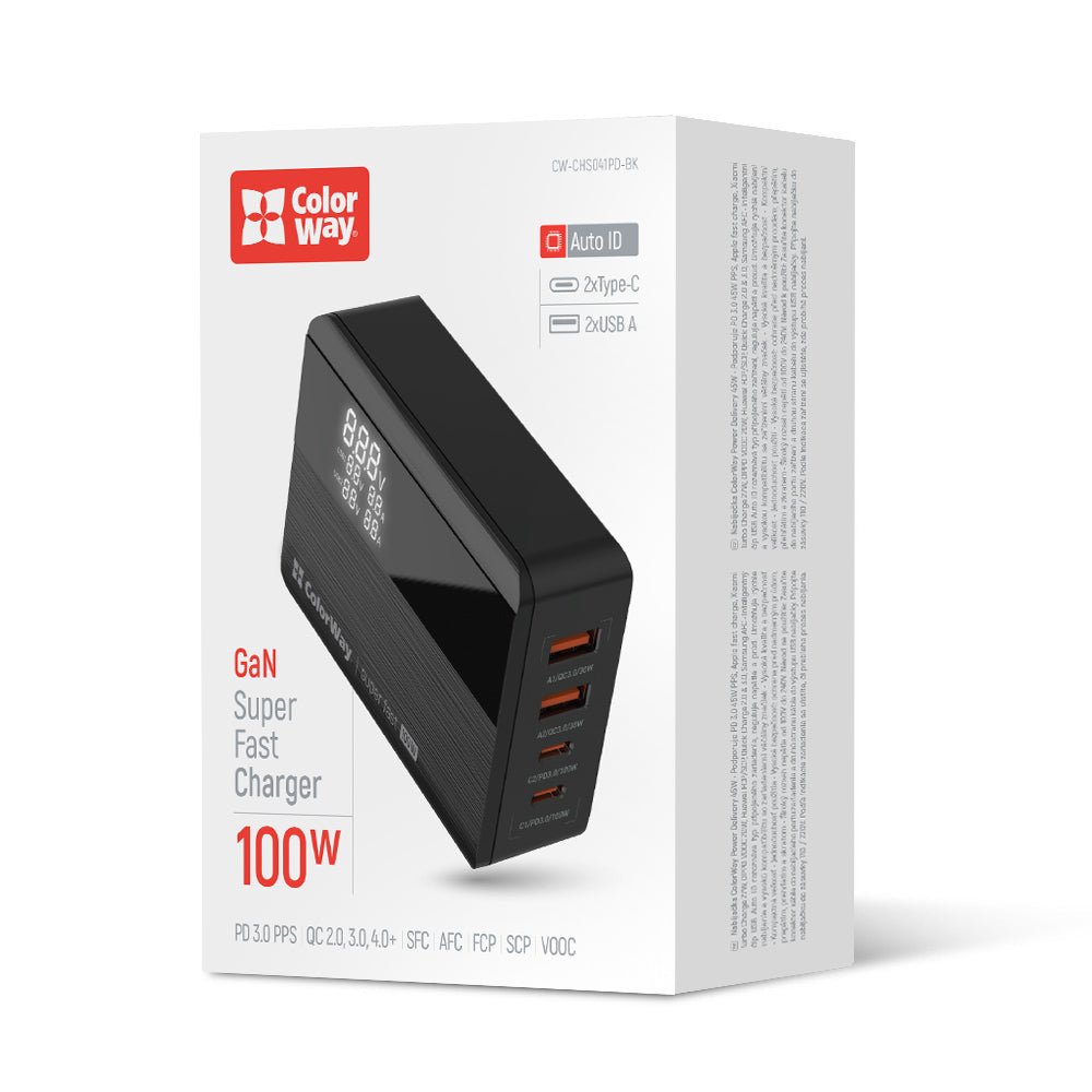 Carregador Estação ColorWay Display, 100W, 5A, 2 x USB-A - 2 x USB-C, Preto