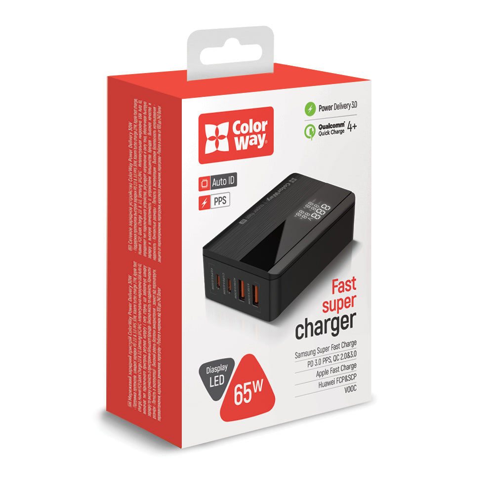 Carregador Estação ColorWay Display, 65W, 3.25A, 2 x USB-A - 2 x USB-C, Preto