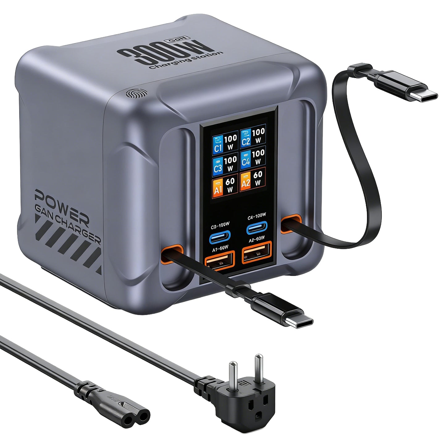 Carregador Estação Com Cabo USB-C OEM HW866, 300W, 5A, 2 x USB-A - 2 x USB-C, Cinzento
